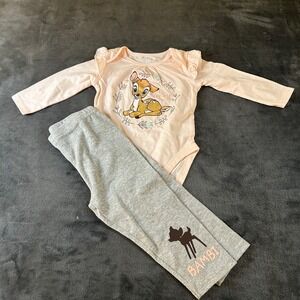 Disney Baby Bambi Outfit Set Bodysuit & Leggings‎ Pink Gray Baby Girls 12M NWOT
